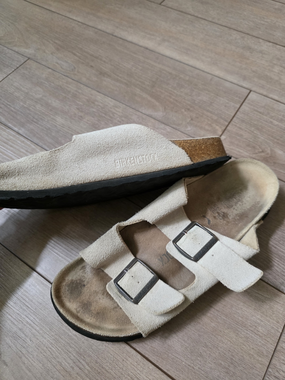Birkenstock Beige Suede Double-Buckle Slide Sandals - Picture 2 of 4